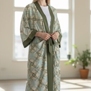 Henelle Lucky Pony Duster Robe with Belt, Green Beige, Women's Long Sleeve